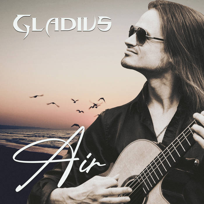 Album cover for the Gladius album, "Air." It shows the performer with his guitar standing on a beach.