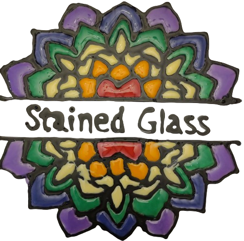 Multicolor drawing of a stained glass flower, with text reading "stained glass"