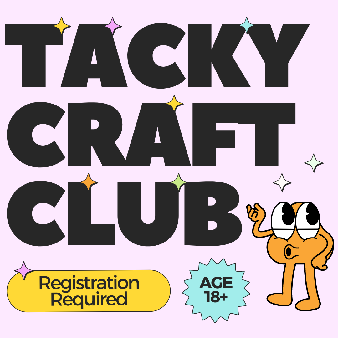 Tacky Craft Club logo, bold lettering with a small orange blob man.