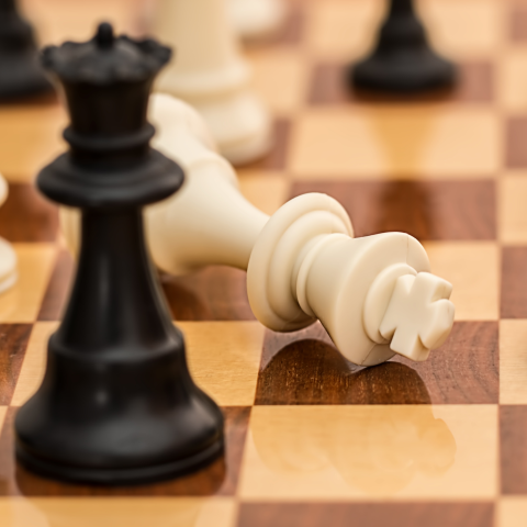 Black and white chess pieces on a brown chess board