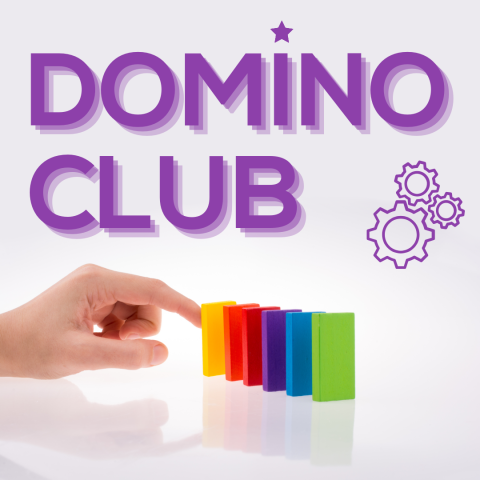 A row of multicolor dominos with a finger poised to knock them over. Text: "domino club"