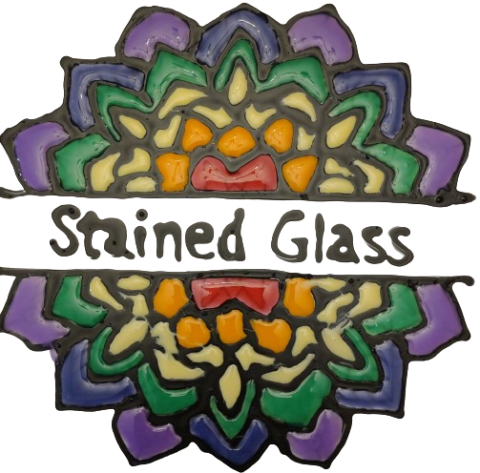 Multicolor drawing of a stained glass flower, with text reading "stained glass"