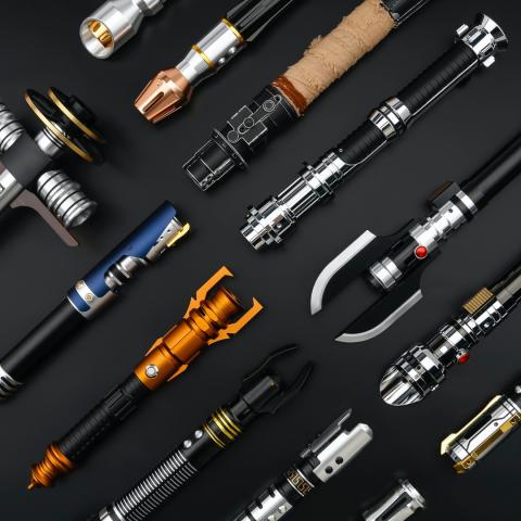 A collection of replica lightsabers