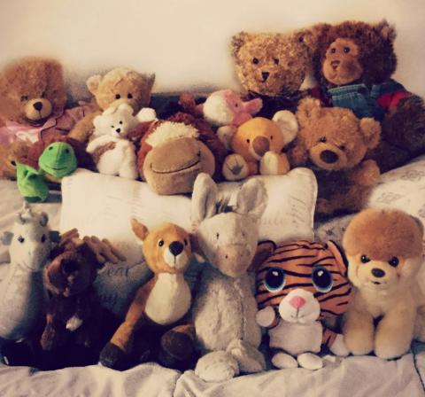 All kinds of stuffed toys piled on a bed