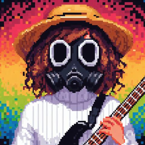 Pixel art of a woman wearing a gas mask and straw hat, playing the guitar. There's a rainbow background.