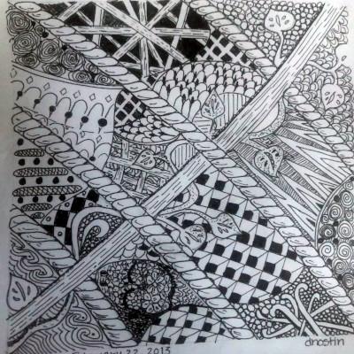 Example of a doodle, black ink sectioned into blocks of different doodle styles