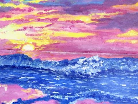 Painting of a seascape, blue water and a pink sunset sky