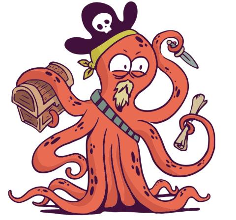 An orange octopus pirate. He has a big black hat, a beard, and is holding treasure and weapons in several tentacles.