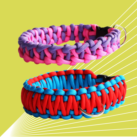 Two bracelets made of two different colors of cord. One is pink and purple, the other is red and blue.