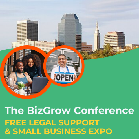 Picture of Springfield skline and small business owners with text The BizGrow Conference Free legal support  & SMALL BUSINESS EXPO