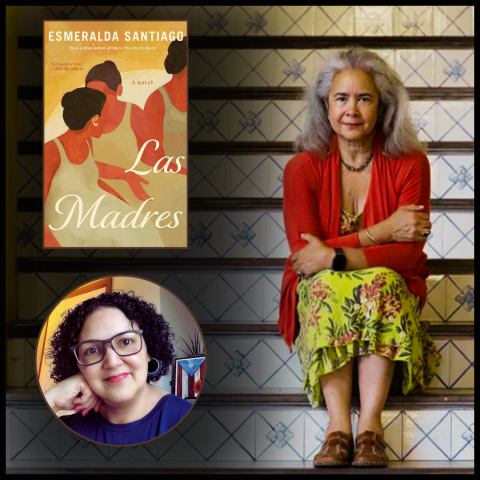 A woman dressed in red and yellow, Esmeralda Santiago, sitting on a tiled stairway. The book cover for Las Madres and the moderator, Haydee Rodriguez, are shown to the left of her.