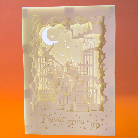 A layered papercut landscape of the city of London with Peter Pan characters