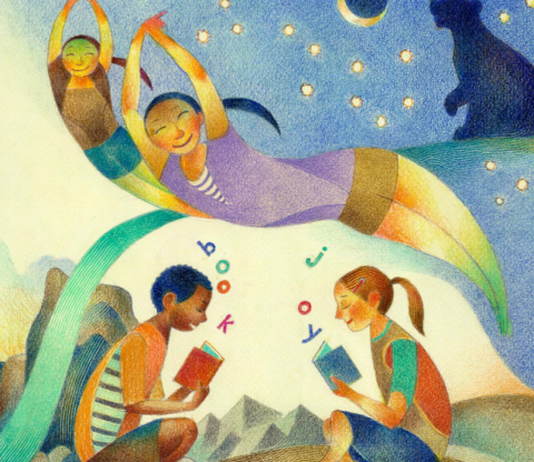 Illustration by Raul Colon of children reading and playing, created for the book Bookjoy Wordjoy by Pat Mora