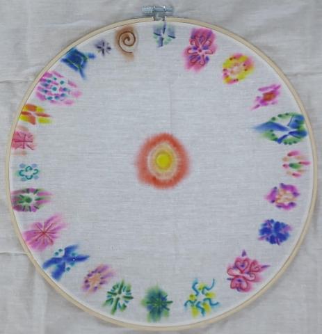A fabric circle marked with sharpie in many colors and styles to demonstrate some options for this project