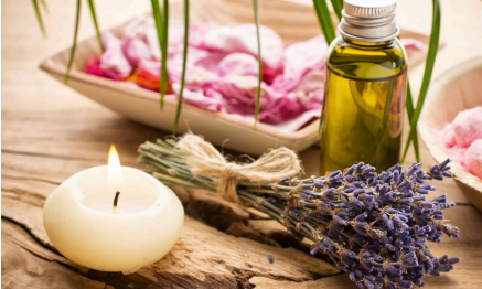 Lavender, oil, and a candle
