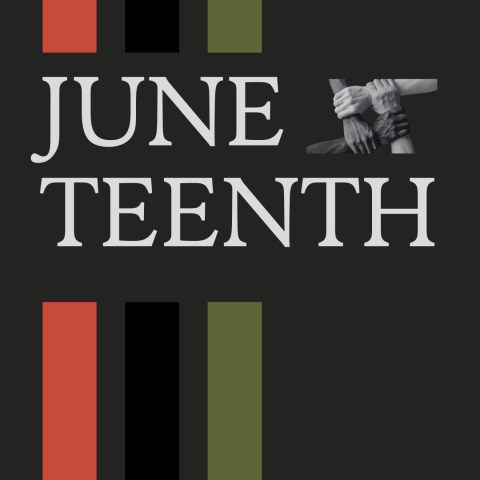 White text reading "Juneteenth" with black, green, and red stripes over a gray background.