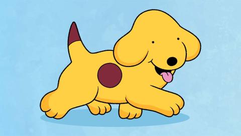 Spot, an illustrated yellow dog with a brown spot on his side
