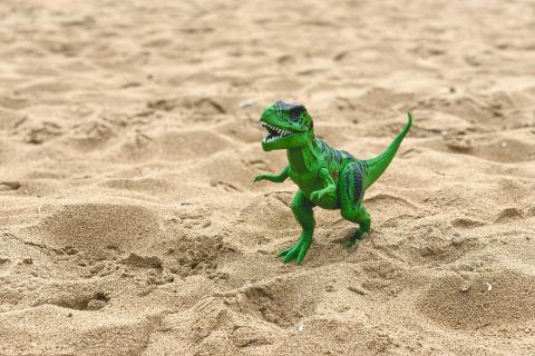 A bright green toy t-rex standing in the sand