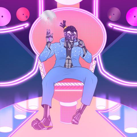 A neon illustration of the artist Astrowavez sitting in a throne.