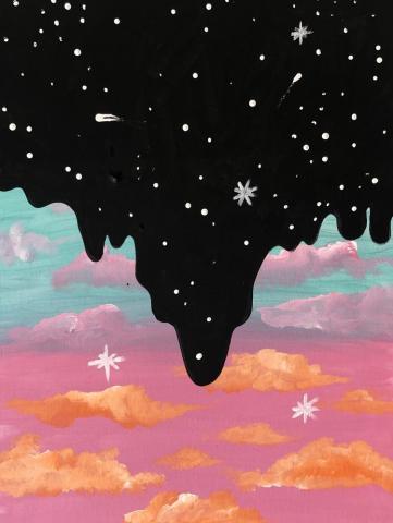 Painting, top is dropping black with stars, bottom is colorful sunset in blue, pink, and orange