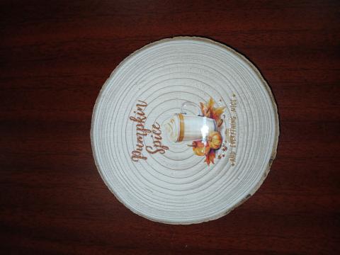 Sample craft, a wooden circle that says "pumpkin spice and everything nice" with fall decor