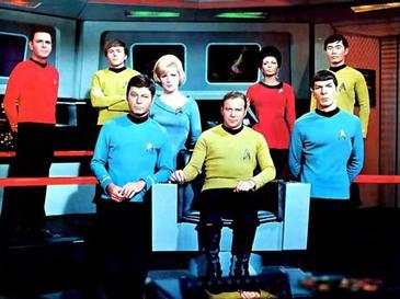The cast of Star Trek: The Original Series on the bridge of the starship Enterprise