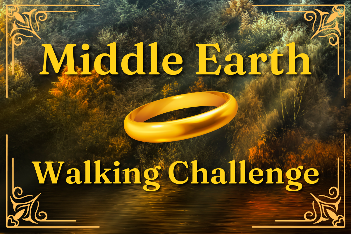 Middle Earth Walking Challenge header image. Golden ring with luminous trees imagery