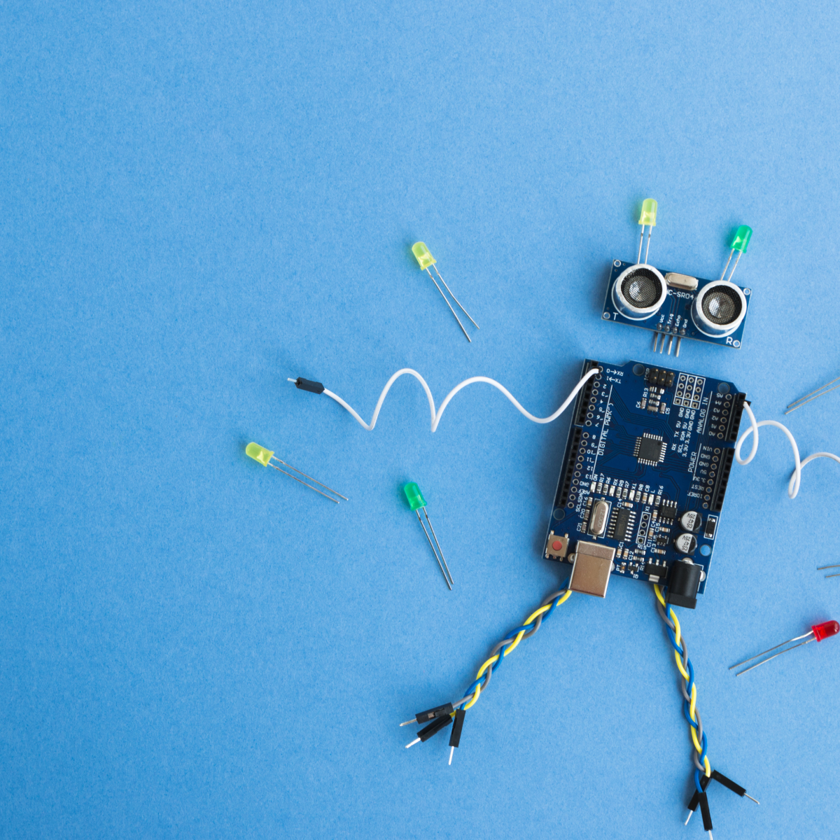 Makerspace Default Image: Circuits and Computer Chips with Wires assembled to look like a cute robot