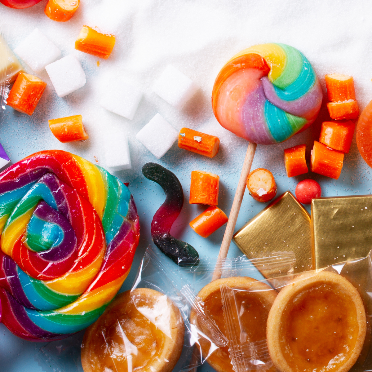 Photograph of various candies and baked sweet treats