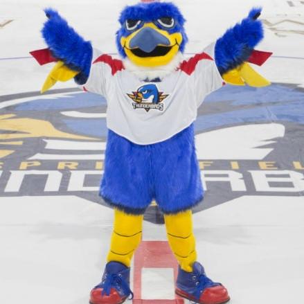 Boomer the mascot of the Springfield Thunderbirds standing on the ice