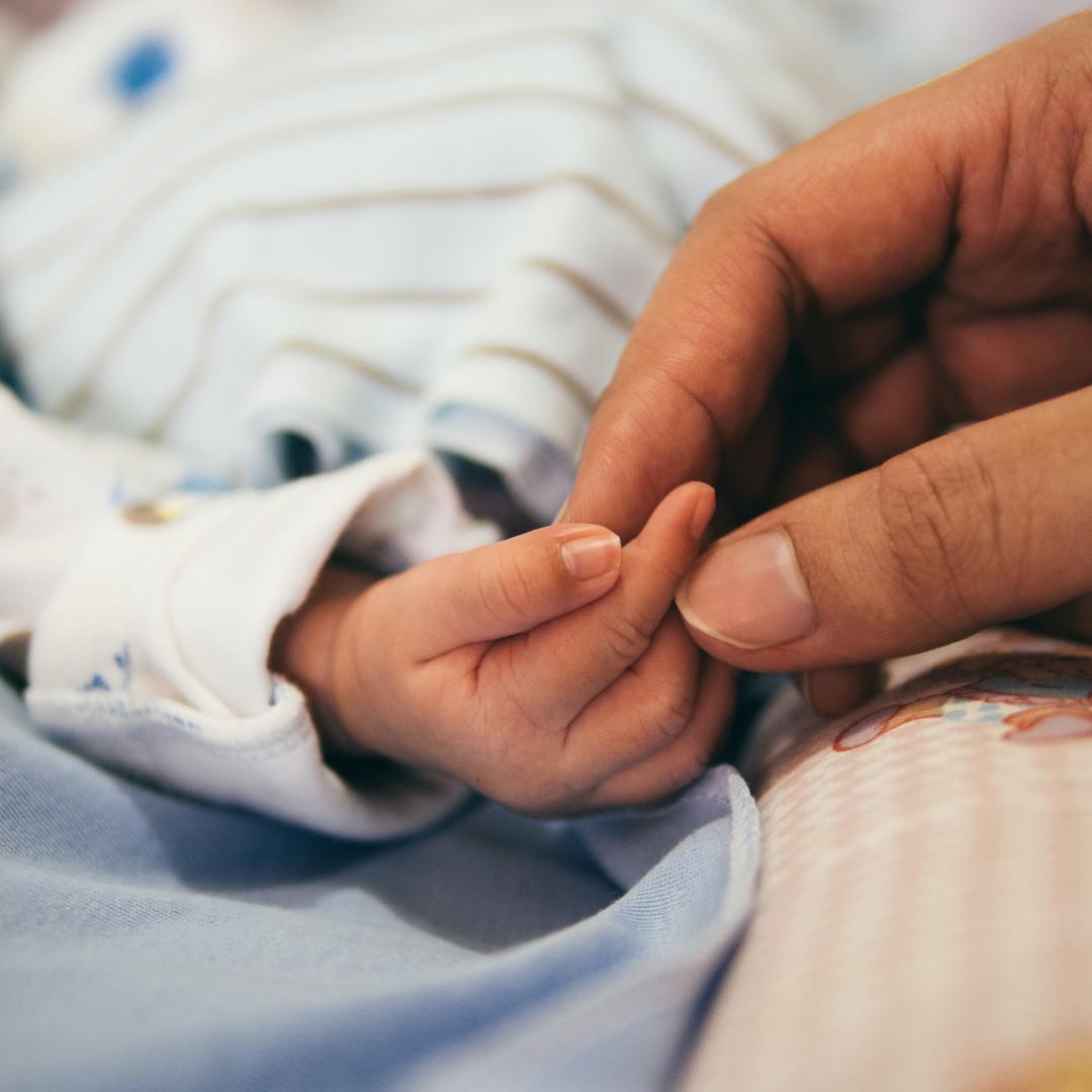 Close up of a baby and adult holding hands