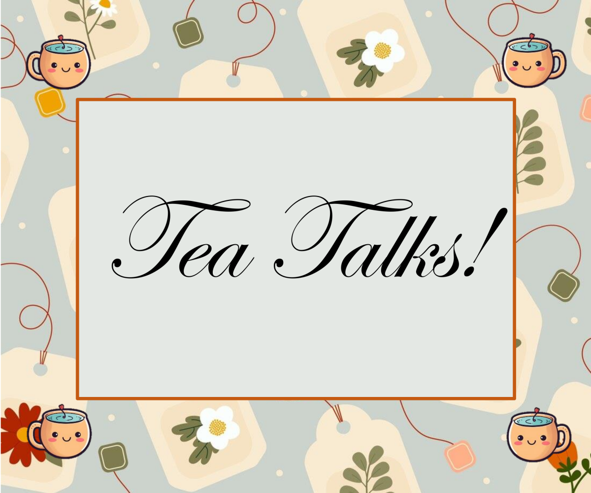 Tea Talks in script, surrounded by cartoon teacups and tea bags