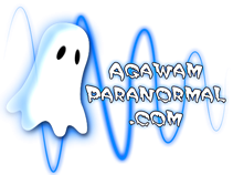 Logo for Agawam Paranormal, a white sheet ghost with a blue wave behind it