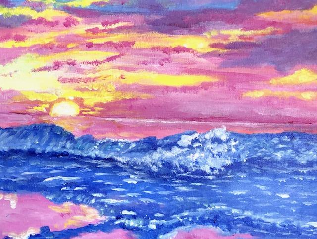 Painting of a seascape, blue water and a pink sunset sky