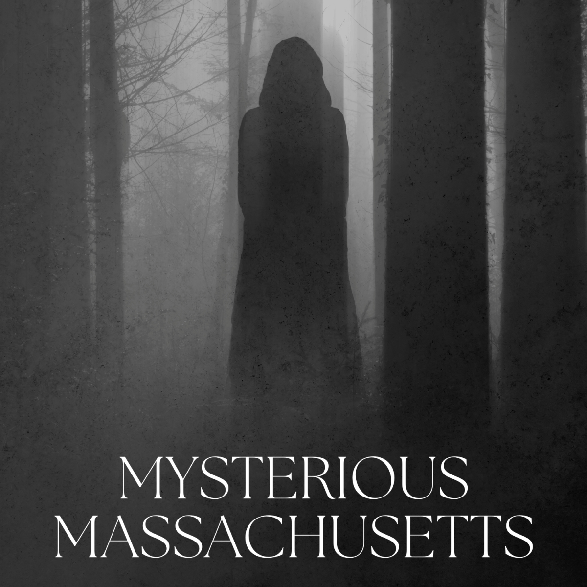 Black and white misty photo of a hooded figure in a dark wood