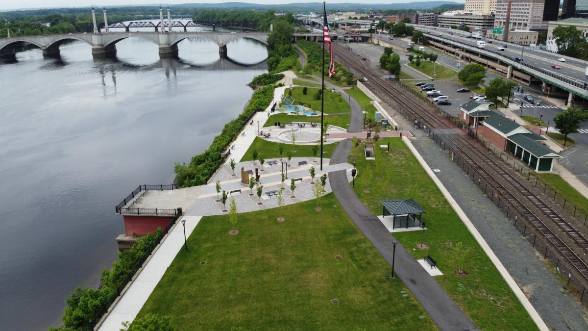 An aerial photograph of Riverfront Park including the Springfield Riverfront Police Station. 
