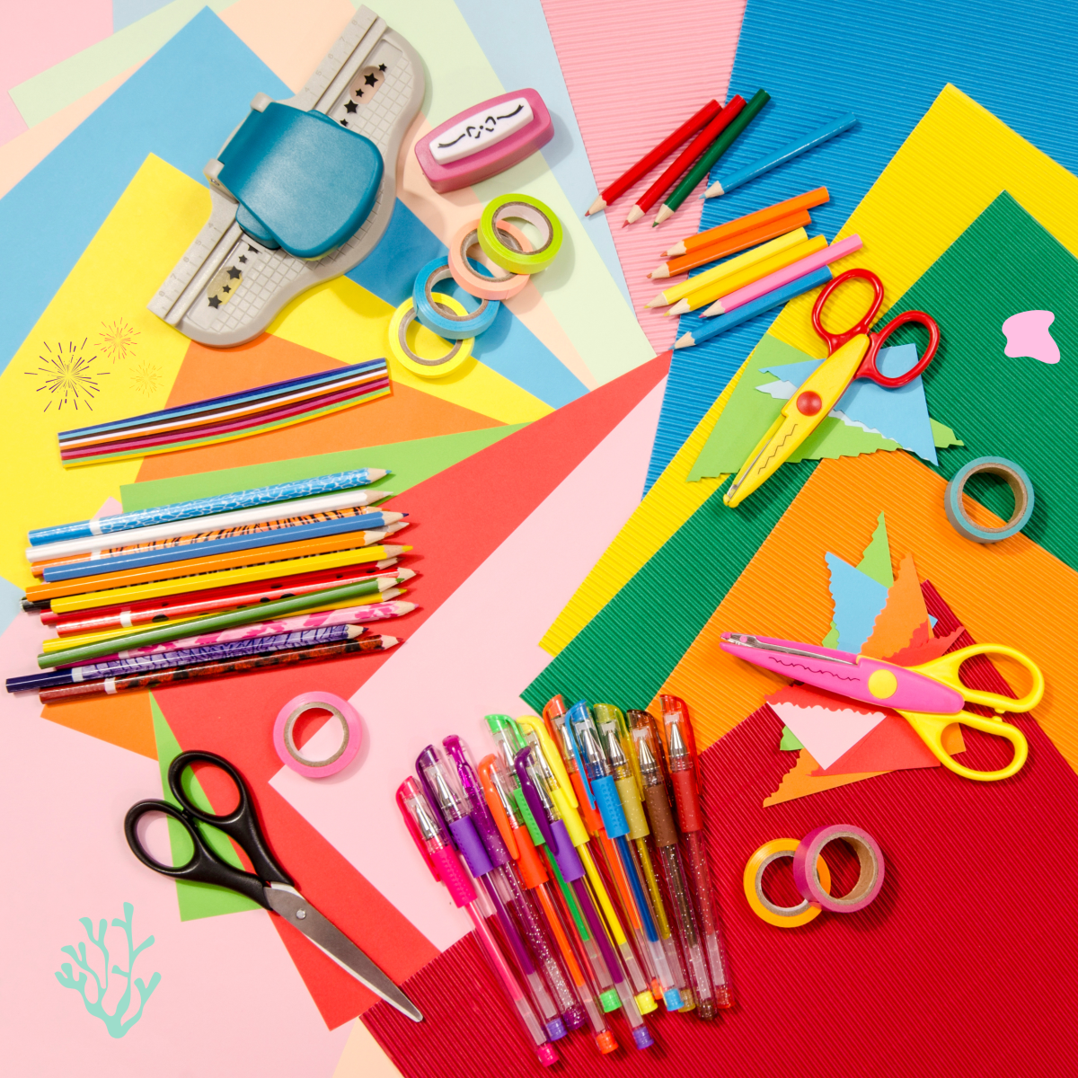 Arts and crafts supplies. Colored pencils, colored paper, and cutting tools