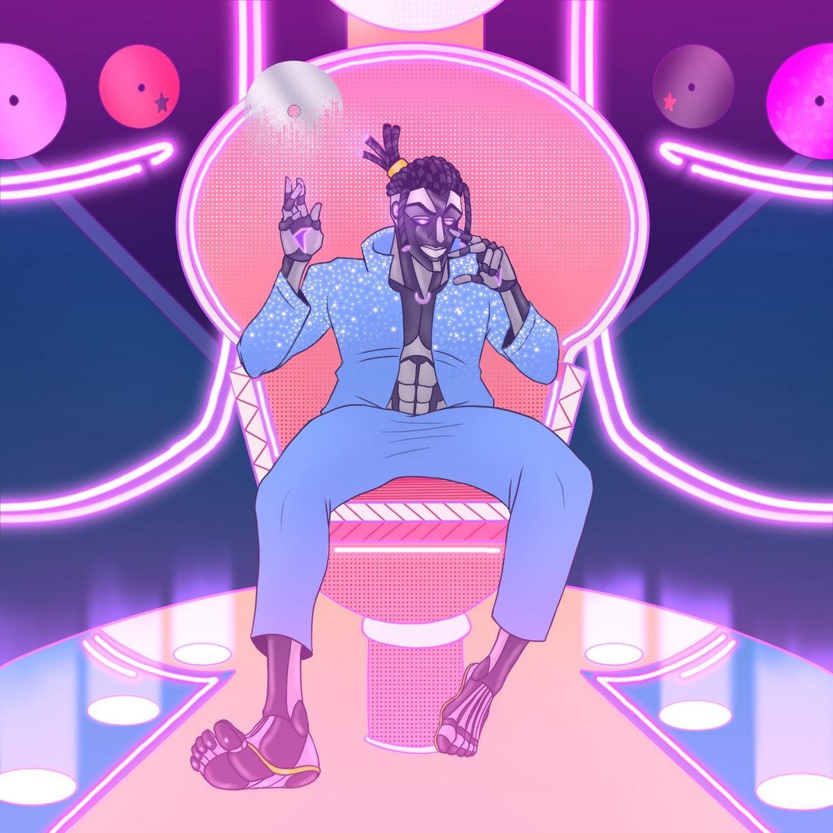 A neon illustration of the artist Astrowavez sitting in a throne.