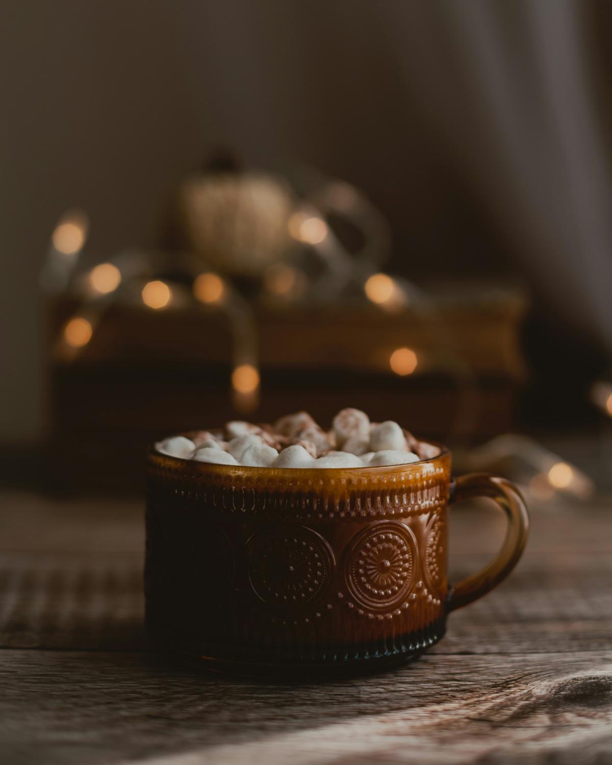 cup  of cocoa with twinkle lights